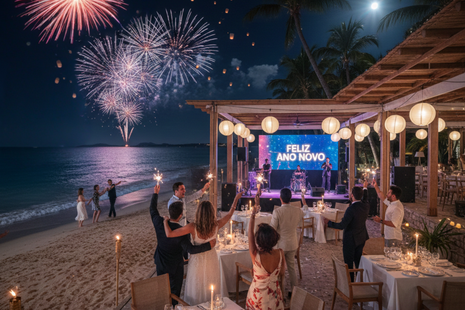 Festa de Réveillon na Praia em Ilhabela com queima de fogos e pessoas celebrando